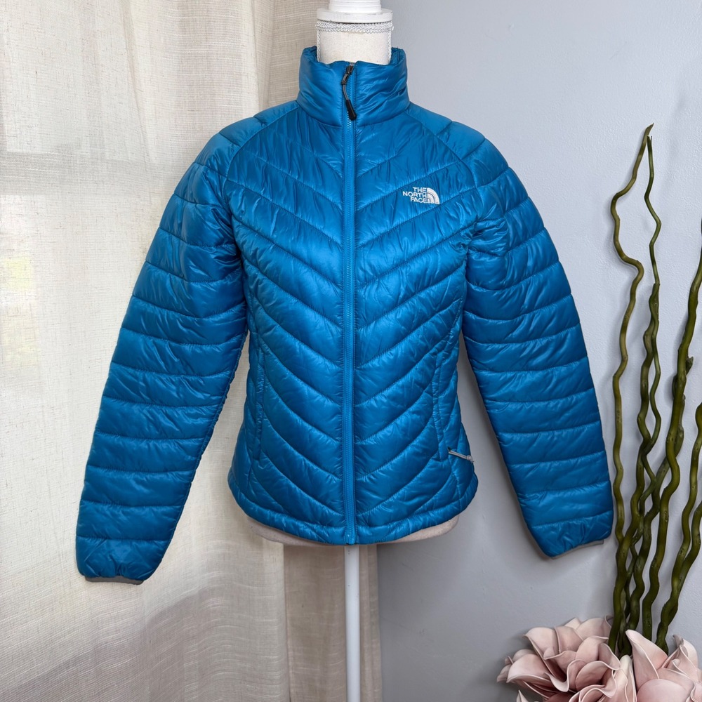 North Face Thermoball Puffer Jacket Chevron Quilted Satin Blue Women's Small S